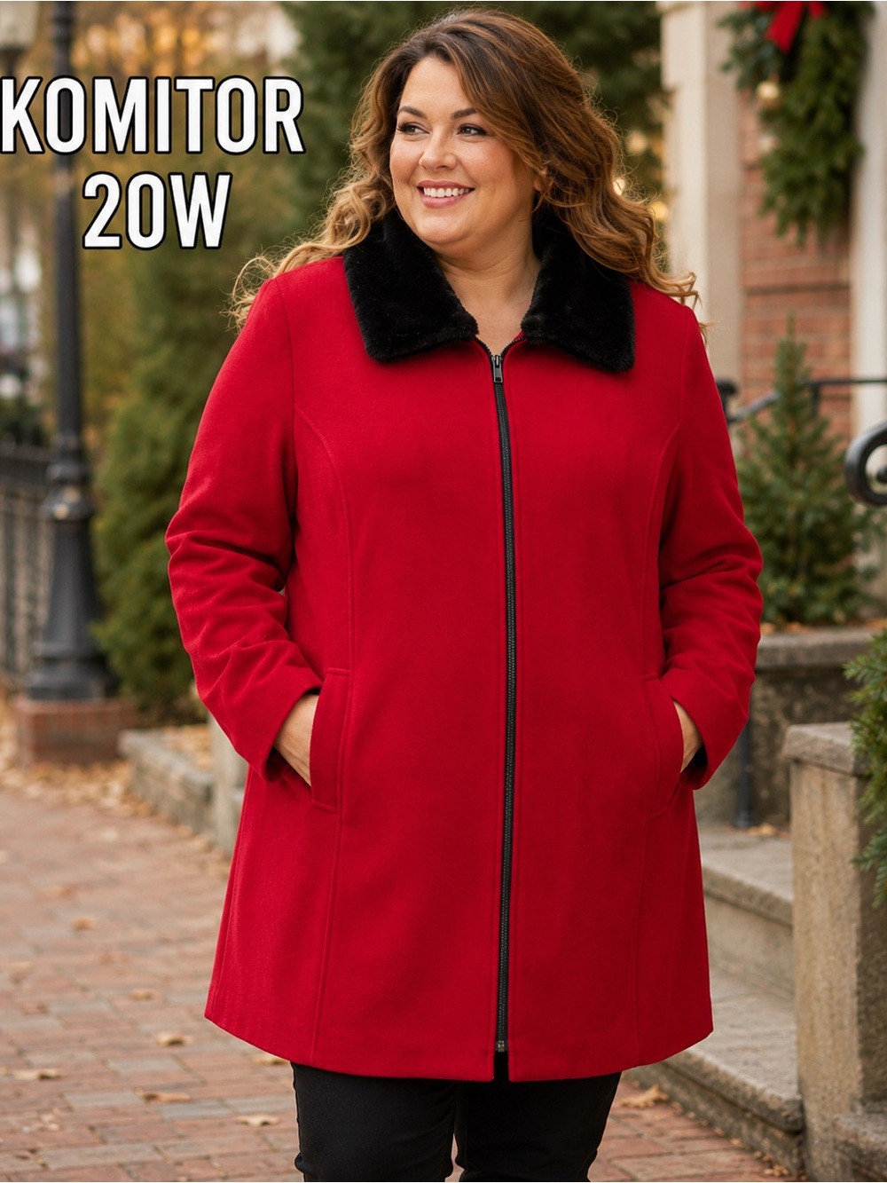 Komitor 20W Red Wool Blend Coat Faux Fur Collar USA Fully Lined